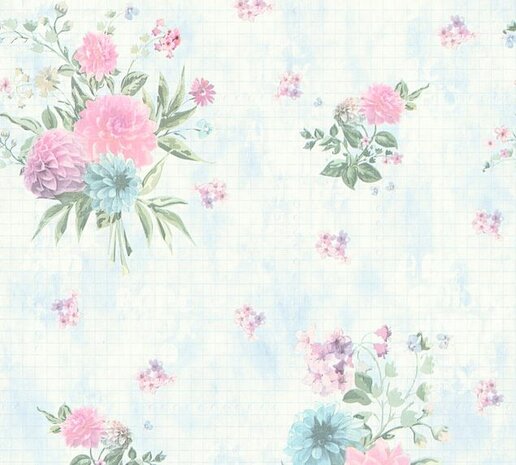 pastel zacht blauw springtime bouquet vinyl op vlies behang