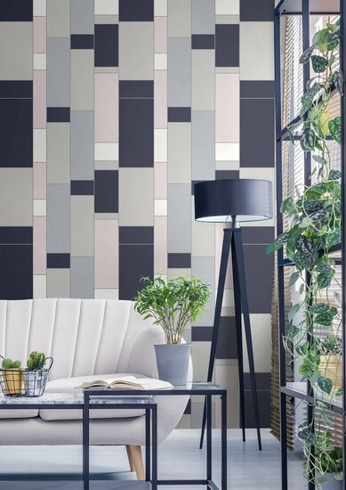 Seabrook Mondrian De Stijl Wallpaper - Indigo &amp; Silver vlies  by KT Exclusive 